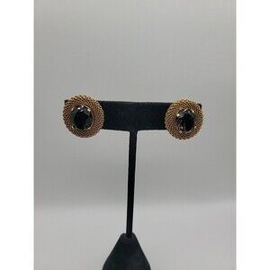 Vintage Gold Tone Rope Mesh Twist Clip On Earrings Smoky Brown Glass Center